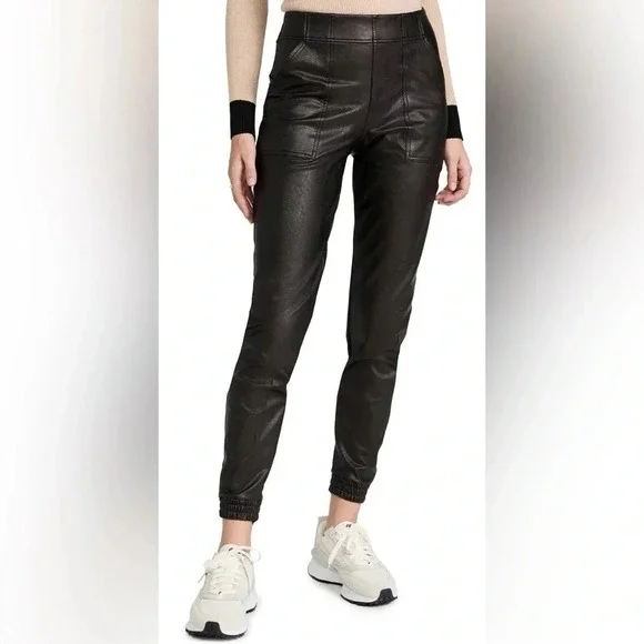 SPANX Faux Leather Jogger Pants Noir Black B446 - Picture 2 of 5